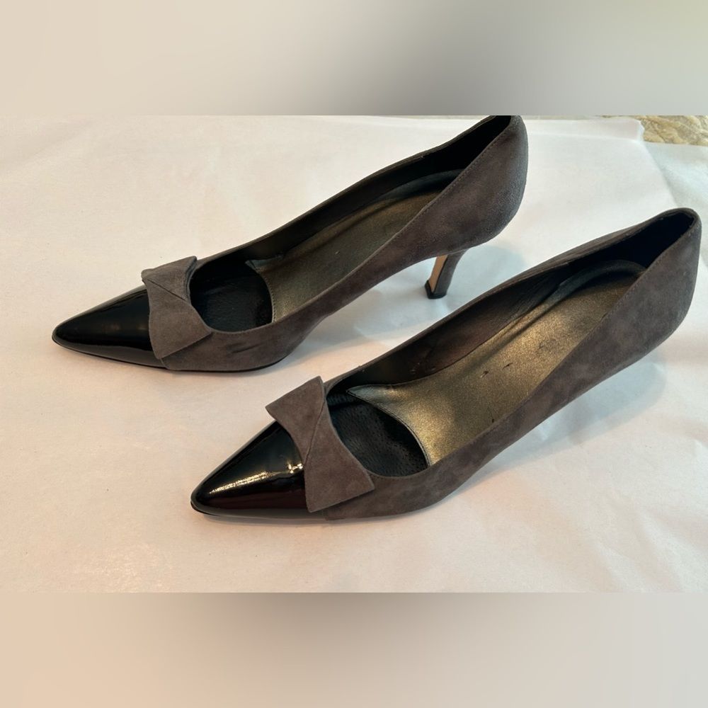 Vaneli 3 inch heels, size 9.5, gray suede and black patent, EUC